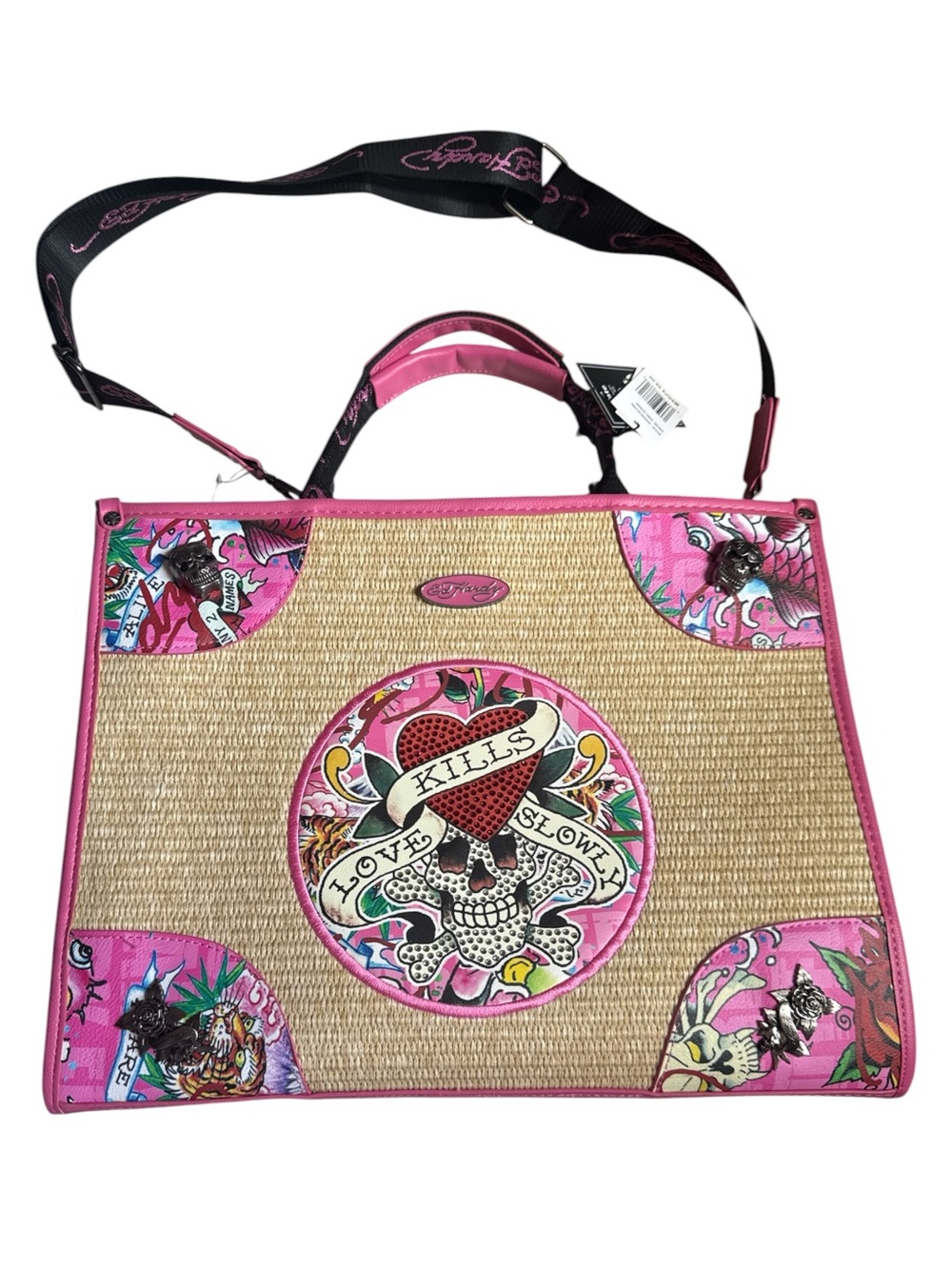 The Ed Hardy “Love Kills Slowly” Pink Straw Tote with Floral & Skull Graphic - Picture 2 of 12